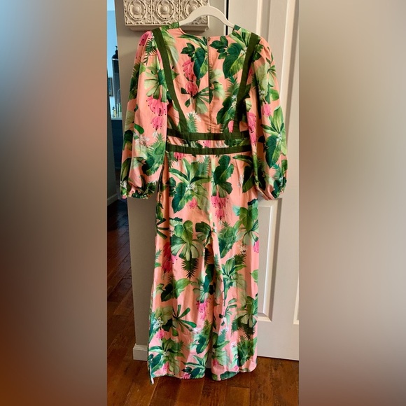 Farm Rio x Anthropologie XS NWT Deep-V Wide Leg Jumpsuit Tropical Floral Pink - Picture 8 of 17
